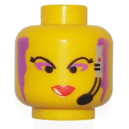 Minifig Head Radia, Red Lips, Purple Hair and Headset Print / Yellow