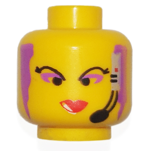 Lego Minifig Head Radia, Red Lips, Purple Hair and Headset Print / Yellow