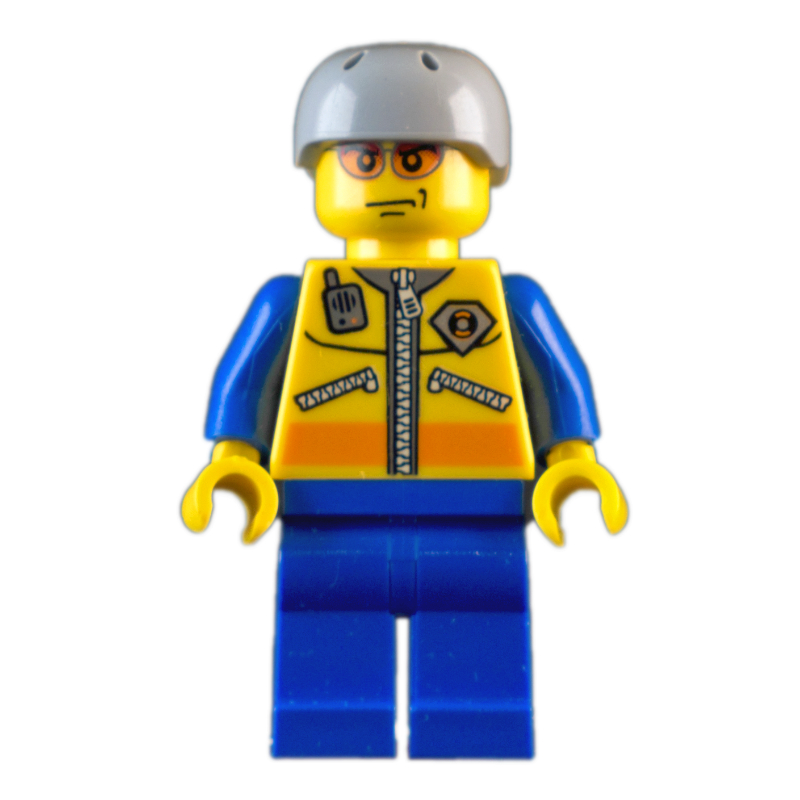 Lego Coast Guard, Yellow Jacket with Zipper, Radio and Badge, Light Bluish Gray Helmet, Orange Sunglasses