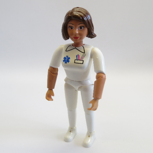 Lego Belville Figure Articulated Elbows, Female, Brown Hair, White Pants, White Shirt with EMT Star of Life Print (Medic) / White