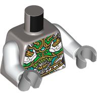 Lego Torso, Tunic, Bright Green/Gold/Dark Turquoise Decorations print, White Arms, Light Bluish Gray Hands / Flat Silver