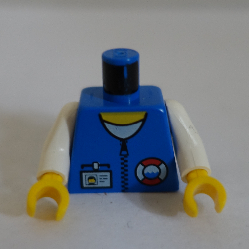 Lego Torso Vest with Rescue Coast Guard Logo, Name Tag, White Collar, Zipper Print, White Arms, Yellow Hands / Blue