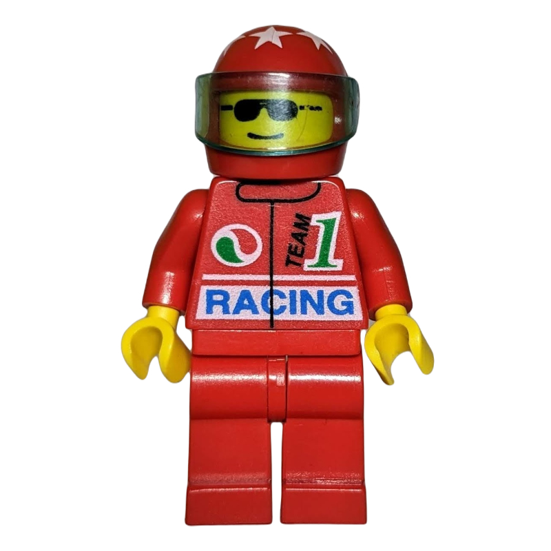 Lego Racer, Red Jacket with Octan Logo and 'RACING', Red Legs, Red Helmet with Visor, Sunglasses