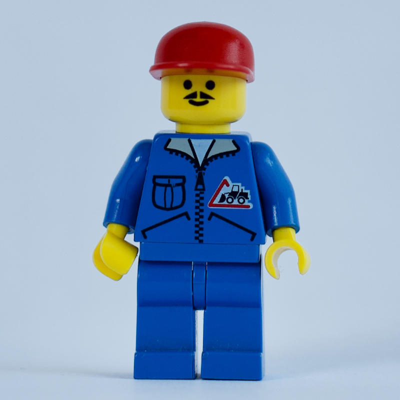 Lego Construction Worker, Blue Jacket with Zipper and Bulldozer Badge, Blue Legs, Red Cap, Moustache