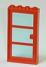Lego Door, Frame 1 x 4 x 6 with 4 Holes on Top and Bottom with Red Door with 3 Panes and Square Handle with Fixed Trans-Light Blue Glass (30179 / x39c01)