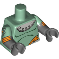 Lego Torso, Dual Molded Arms, Armor with Rivets and Orange Lightning Print, Sand Green Sleeves Pattern, Dark Bluish Gray Arms and Hands with Atom and Orange Stripes Print / Sand Green