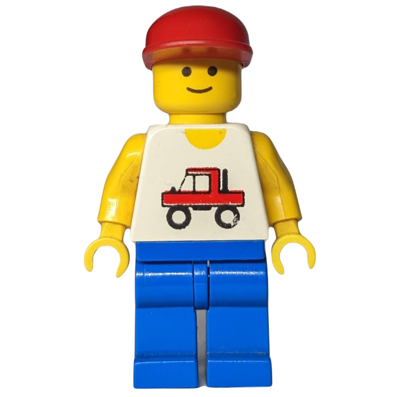 Lego Man, White Vest with Truck, Blue Legs, Red Cap (3626b Head)