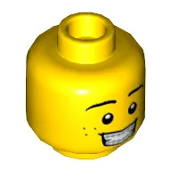 Minifig Head Blacktron Fan, Dual Sided, Eyebrows, Freckles, Smile with Teeth / Scared Open Mouth Print [Hollow Stud] / Yellow
