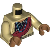 Torso Buckskin Tunic with American Indian Hair Pipe Bead Chest Plate, Dark Red Wrap and Blue Necklace Print, Tan Arms, Medium Nougat Hands / Tan