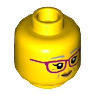 Lego Minifig Head, Light Bluish Gray Eyebrows, Magenta Glasses and Open Eyes / Closed Eyes Print / Yellow