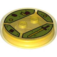 Function Brick Round 4 x 4 x 2/3 with 2 Studs and Snail, Sword, Coins and Gems Print / Trans-Yellow
