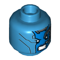 Lego Minifig Head Nebula, Dual Sided, Blue Face, Mechanical Left Eye, Angry Expression and Silver Stripes on Back Print [Hollow Stud] / Dark Azure