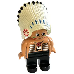 Duplo Figure, Early, Feather Headdress White, Brown Legs, Feather Necklace, Facepaint Print (Native American Chief) / Nougat