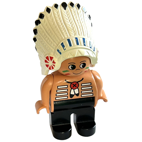 Lego Duplo Figure, Early, Feather Headdress White, Brown Legs, Feather Necklace, Facepaint Print (Native American Chief) / Nougat