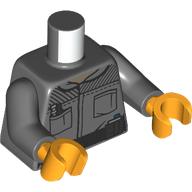 Lego Torso, Jacket Black Pockets, Belt, Silver/Reddish Brown Pouches print, Dark Bluish Gray Arms, Bright Light Orange Hands / Dark Bluish Gray
