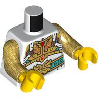 Lego Torso, Gold Chest Armor, Red Jewels, White Straps, Dark Turquoise Belt print, Pearl Gold Arms, Yellow Hands / White