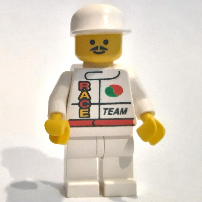 Lego Racer, White Jacket with Octan Logo and 'RACE' and 'TEAM', White Legs, White Cap, Moustache