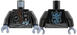 Torso Robe with Monster Faces on Hem over Dark Brown Tattered Layered Shirt, Shoulder Wrap with Silver Diamond and Metallic Light Blue Claws, Dark Bluish Gray Waist Sash, Stylized Scorpion Logo on Back Pattern / Black Arms / Sand Blue Hands