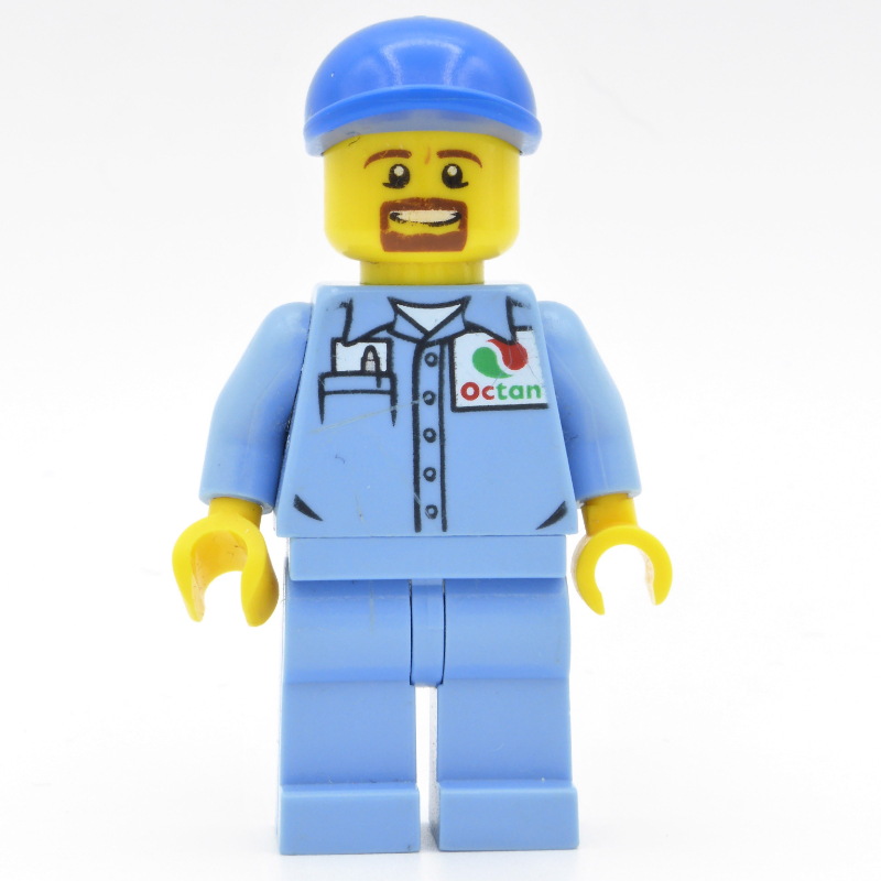 Lego Ground Crew, Medium Blue Shirt with Octan Logo, Medium Blue Legs, Blue Cap, Goatee Beard