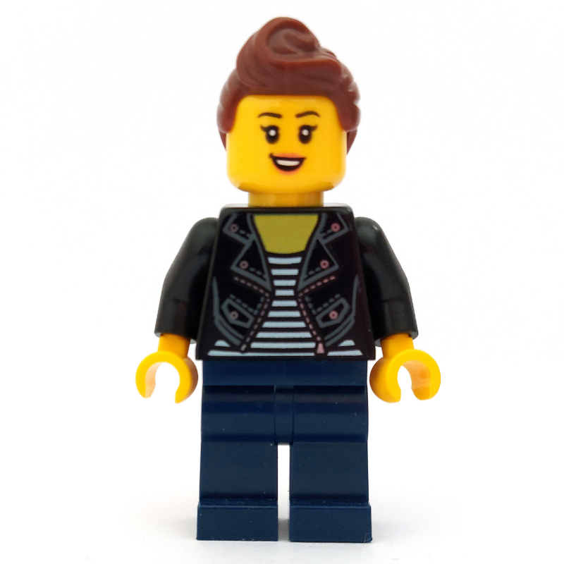 Lego Woman, Open Black Jacket over Black and White Striped Top, Dark Blue Legs, Reddish Brown Hair