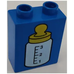 Duplo Brick 1 x 2 x 2 with Baby Bottle Yellow Top Print / Blue