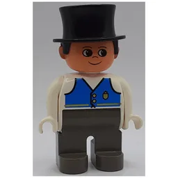 Duplo Figure, Early, Top Hat Black, Dark Gray Legs, Blue Vest Print / White