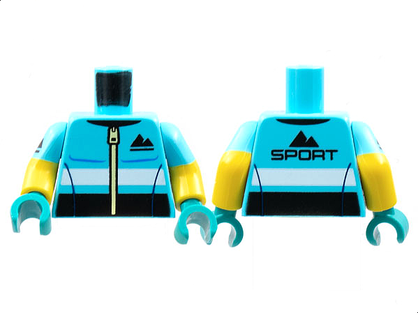 Lego Torso Jacket Black Sport Mountains Logo Pattern / Yellow Arms with Medium Azure Short Sleeves and Black Sport Mountains on Right Arm Pattern / Dark Turquoise Hands