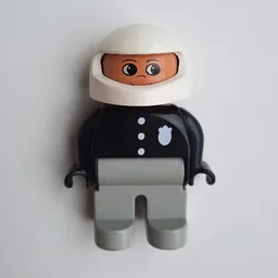Duplo Figure, Early, Helmet White, Light Gray Legs, Black Top with 3 Buttons and Badge Print / Black