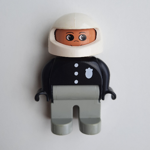 Lego Duplo Figure, Early, Helmet White, Light Gray Legs, Black Top with 3 Buttons and Badge Print / Black