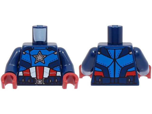 Lego Torso Armor with Blue Panels, Silver Star on Chest, Red and White Stripes, Utility Belt with Buckle Pattern / Dark Blue Arms / Dark Red Hands