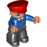 Lego Duplo Figure with Police Style Hat Red, with Black Legs, Blue Jacket with Red/Yellow Tie, Nougat Hands, Smile with Closed Mouth (Train Conductor) / Blue