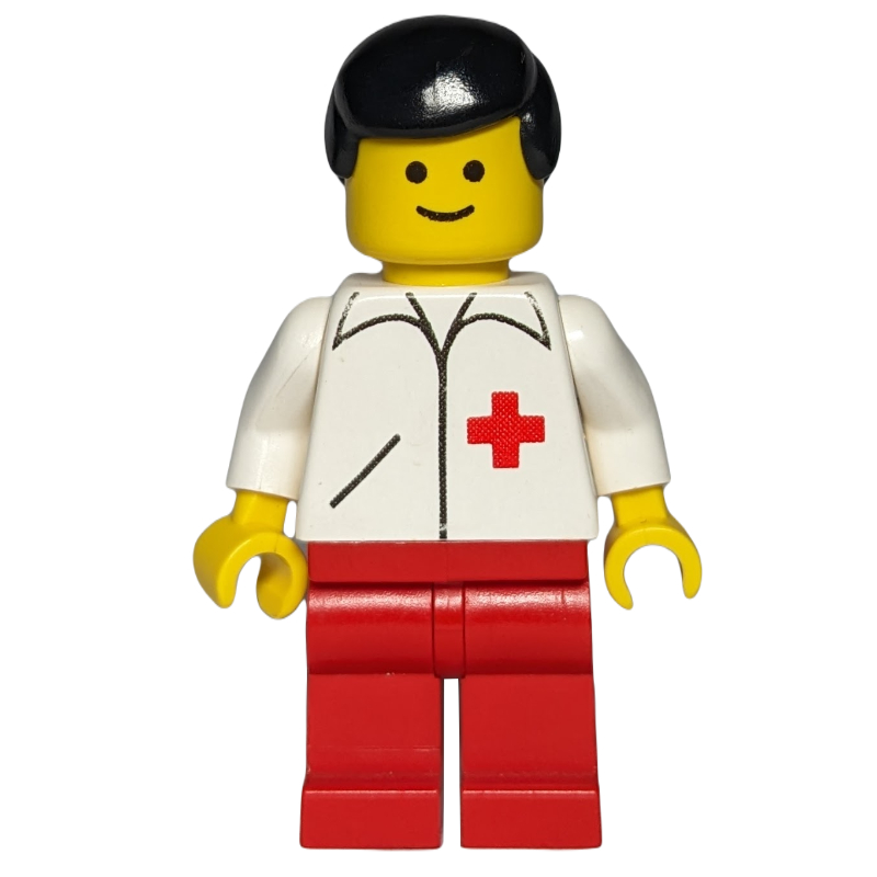 Lego Doctor, White Jacket with Red Cross, Red Legs, Black Hair