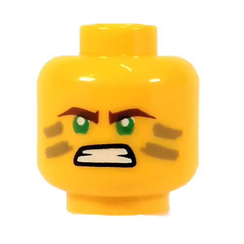 Lego Minifig Head Lloyd Garmadon, Dark Tan Stripes, Reddish Brown Eyebrows, Green Eyes, Determined, Angry print / Yellow