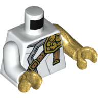 Lego Torso, Odd Arms, Robe, Dark Orange Belt, Light Bluish Grey Trim, Gold Snap Print, Left Pearl Gold Arm, Right White Arm, Pearl Gold Hands / White