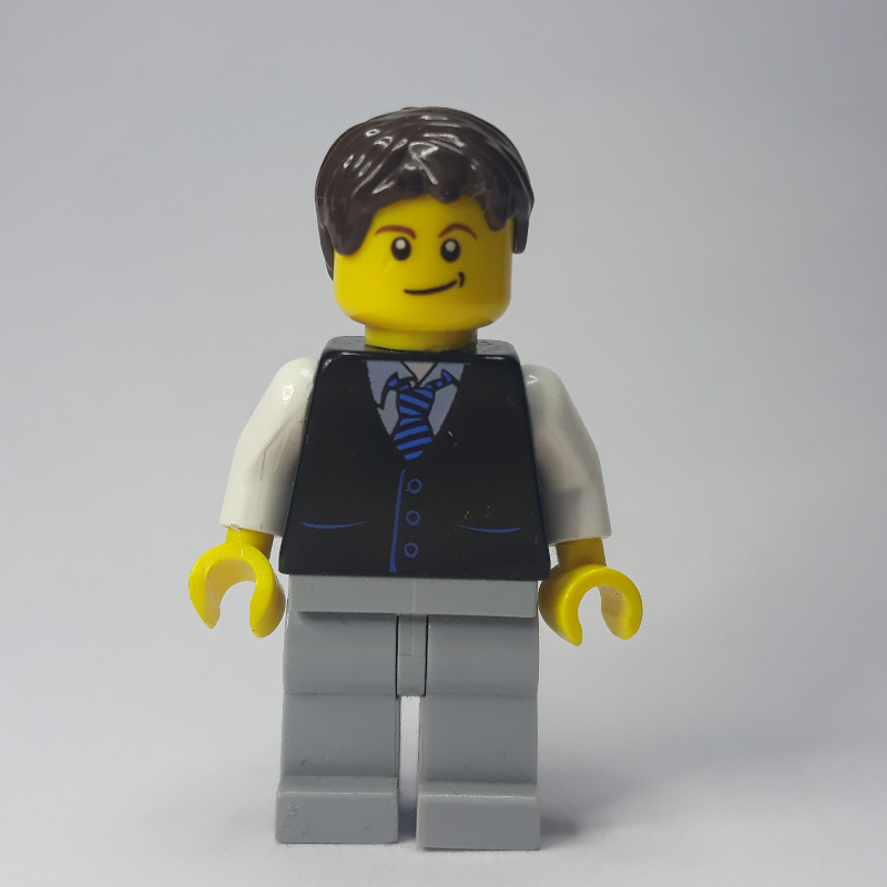 Lego Man, Black Vest and Tie, Light Bluish Gray Legs, Dark Brown Hair