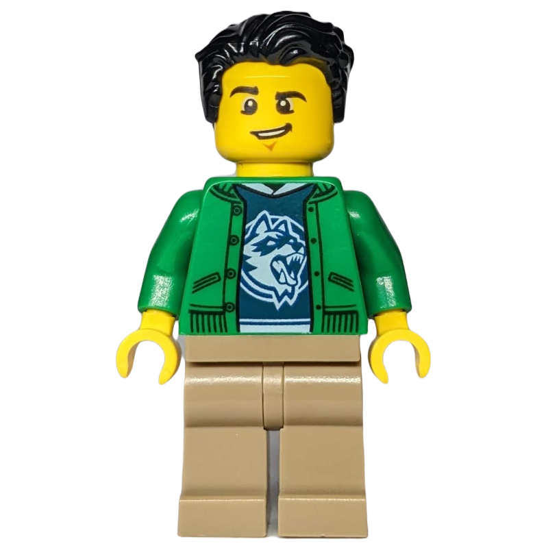 Lego Man, Open Green Jacket, Dark Tan Legs, Black Hair