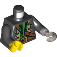 Lego Torso Pirate Captain Jacket, Green Ascot, Reddish Brown Shoulder Strap and Belt Print, Black Arms, Yellow Hand Right, Flat Silver Hook Left / Black