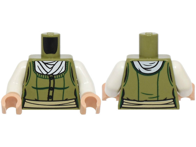 Lego Torso Female Bodice with Dark Green Trim, Buttons and Contours, White Blouse, Tan Sash Pattern / White Arms / Light Nougat Hands