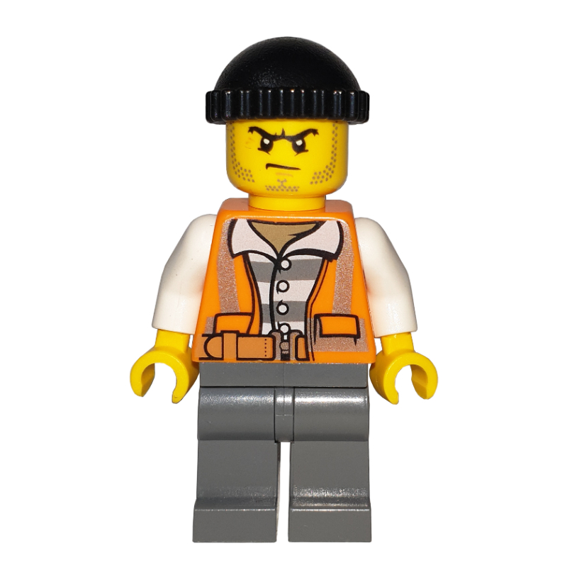 Lego Criminal, Open Orange Safety Vest Over Prison Shirt, Black Hat, Stubble