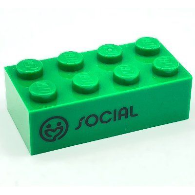 Lego Brick 2 x 4 with 'SOCIAL' and Icon / 'SOCI-AL' Print / Green