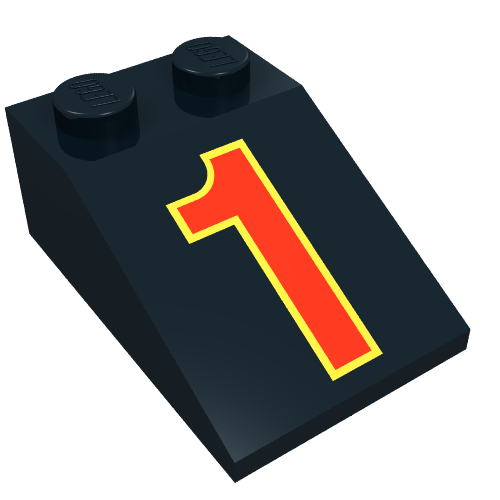 Lego Brick Sloped 33° 3 x 2 with Red '1' and Yellow Outline Print / Black