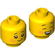 Lego Minifig Head Eyelashes, Bright Light Orange Blushes, Lopsided Grin / Open Mouth Smile Print / Yellow