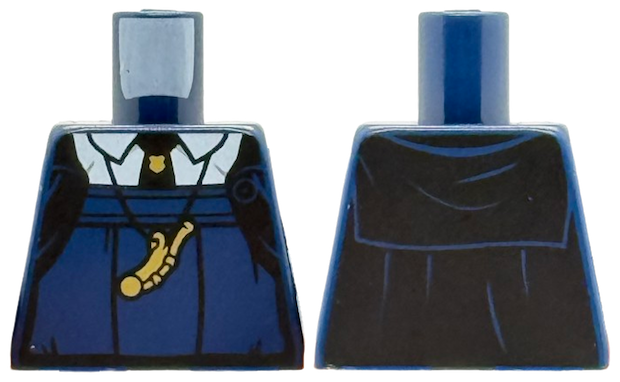 Lego Torso Black Cloak Open over Blouse and White Shirt with Collar, Tie with Gold Pin, Necklace with Large Whistle Pattern