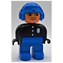 Duplo Figure, Early, Aviator Hat Blue, Blue Legs, 3 Buttons and Police Badge, Nose Pointed Down Print / Black