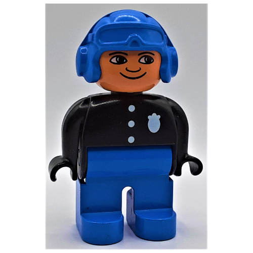 Lego Duplo Figure, Early, Aviator Hat Blue, Blue Legs, 3 Buttons and Police Badge, Nose Pointed Down Print / Black