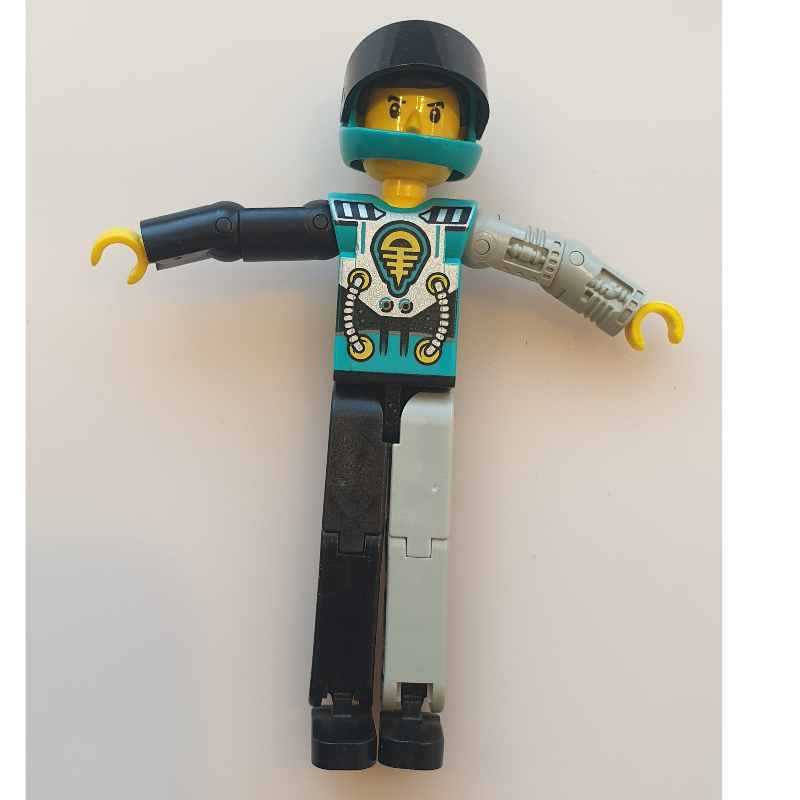 Lego Technic Figure Black/Light Gray Legs, Dark Turquoise Torso with Yellow, Black, Silver Print, Light Gray Mechanical Left Arm - Dark Turquoise Helmet