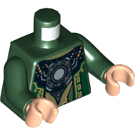 Lego Torso Robe with Gold Stitchery and Round Silver Pendant Print, Dark Green Arms, Light Nougat Hands / Dark Green