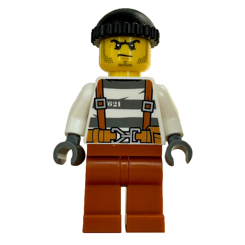 Lego Criminal Barry Barrel, Prison Shirt with Suspenders and Belt, Black Hat