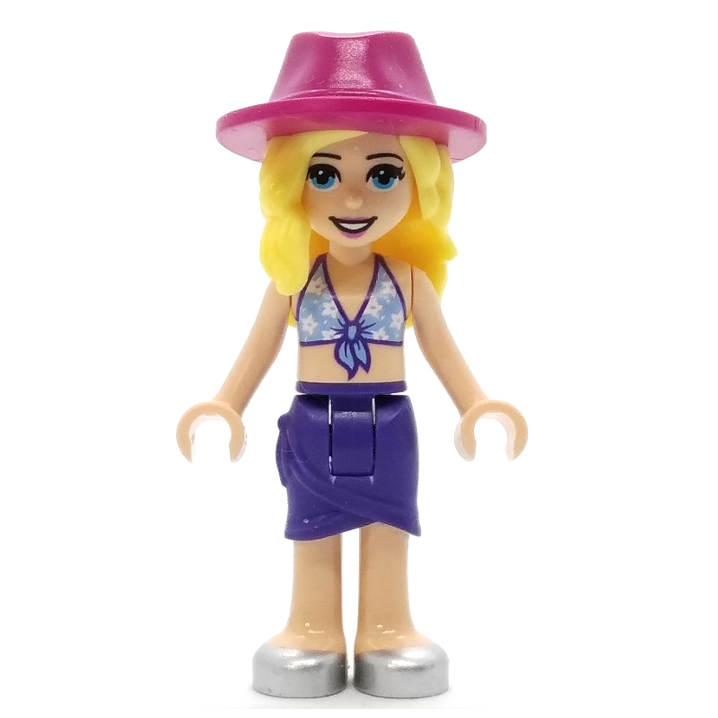Lego Stephanie - Bright Light Blue Bikini Top with White Flowers, Dark Purple Skirt, Magenta Hat