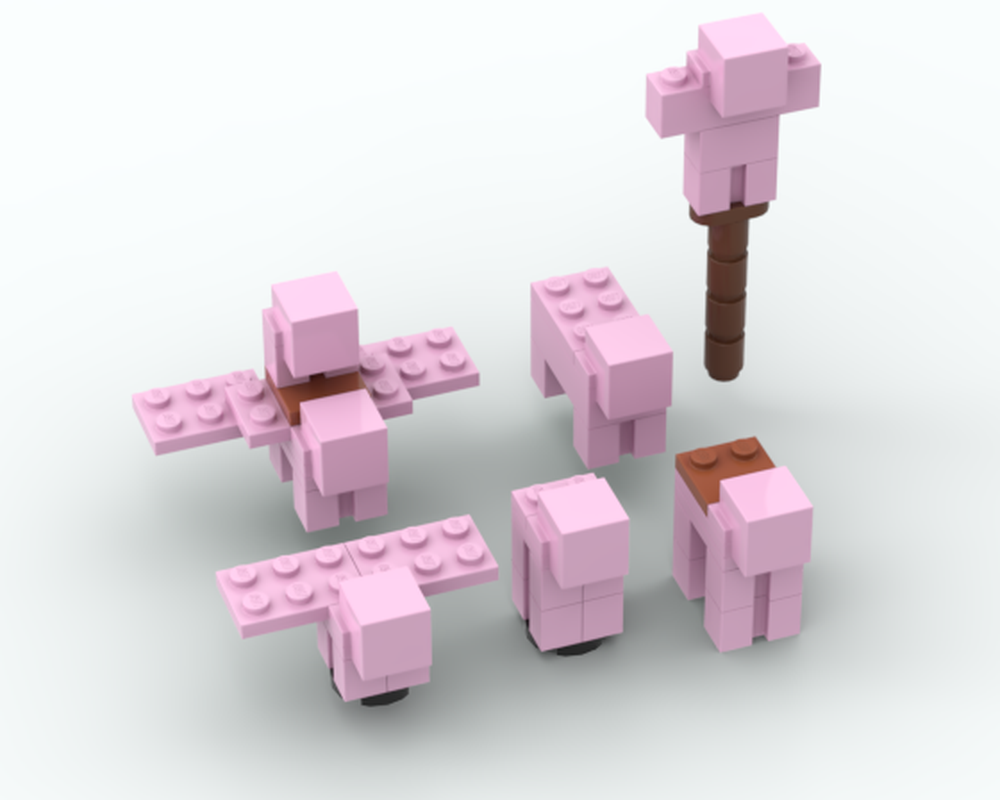 Lego when pigs fly (scarecrow, very big pig, flying pig with rider and baby, and enderpig with baby